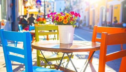 Obraz premium Colorful outdoor café table with vibrant flower centerpiece