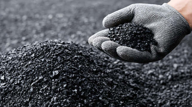 Close up hand wearing grey protective safety glove holding dark black crushed asphalt coal or biochar granulated material over textured background pile for industrial energy construction concept