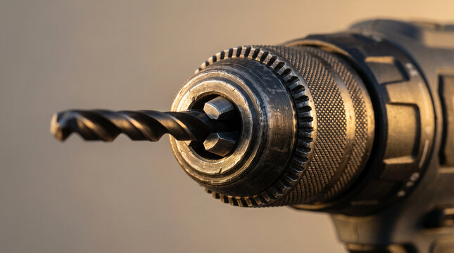 Close-up macro shot of drill bit and chuck on power tool