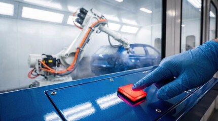 Naklejka premium Industrial automation with robotic arm painting car, operator pressing button on control panel in modern factory, advanced production technology