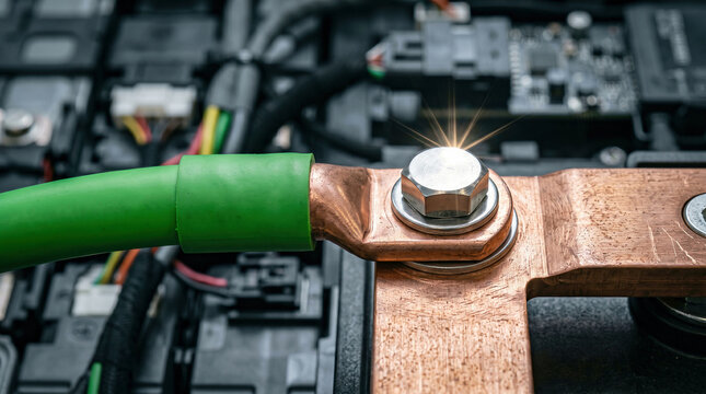 Electrical connection with green cable attached to copper busbar, electronic system for power transmission.