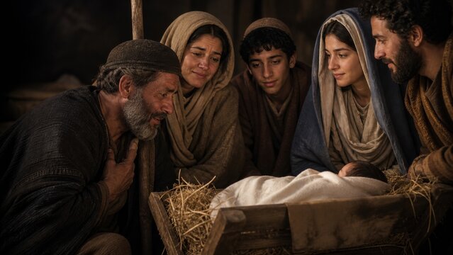 Mary and Joseph with newborn baby Jesus in manger. Shepherd visiting holy family in stable. Biblical nativity scene depicting the birth of Christ for religious holiday celebration.