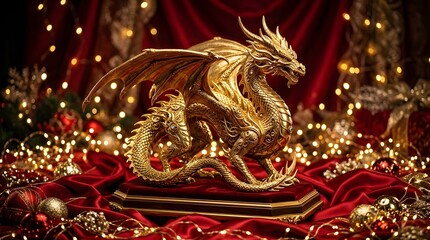 Fototapeta premium Golden dragon figurine featuring intricate scales and majestic wings standing proudly upon a velvet display base surrounded by sparkling festive lights against a rich red background.