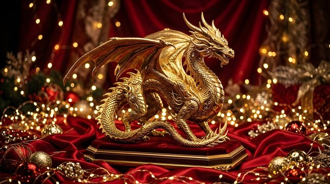 Golden dragon figurine featuring intricate scales and majestic wings standing proudly upon a velvet display base surrounded by sparkling festive lights against a rich red background.