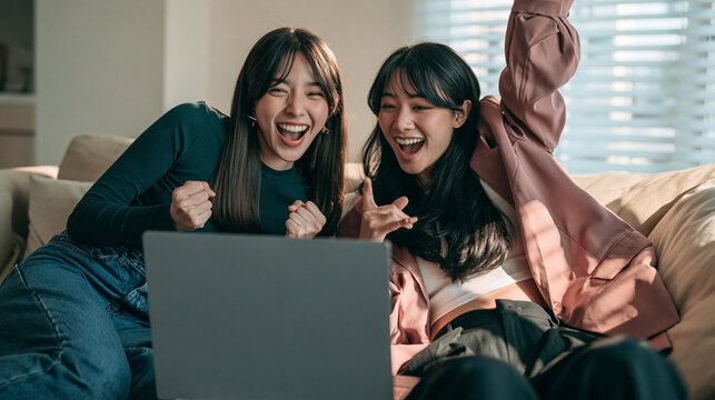 Excitement Over Laptop: Two young women react with immense joy and surprise while looking at a laptop screen. Their expressions capture a moment of shared excitement and possibly good news.