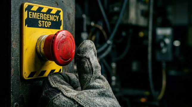 Emergency stop button with gloved hand pressing on industrial machine panel, urgent safety control concept.