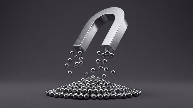  Metallic horseshoe magnet attracting glossy steel spheres concept lead generation customer attraction business metaphor 3d illustration