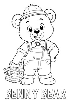 Benny Bear Cute Cartoon Coloring Page, Modern Minimalist Black and White Animal Character Line Art for Kids