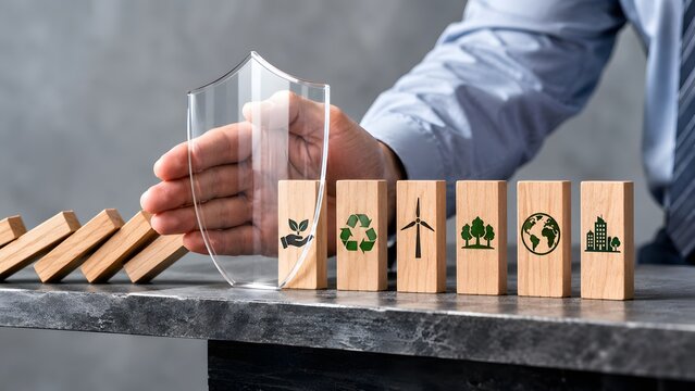 ESG risk management concept, businessman protecting green energy wooden blocks with shield from falling dominoes, environmental protection strategy