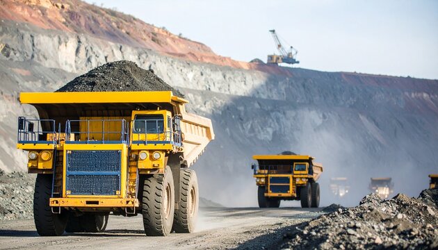Yellow mining dump trucks hauling ore in open‑pit