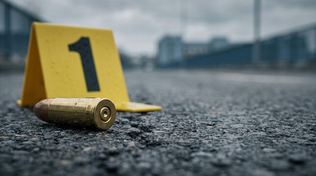Bullet casing lying on asphalt next to forensic marker, urban street environment, crime investigation evidence, legal justice concept