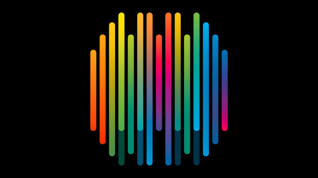 Colorful rainbow gradient vertical lines forming circular equalizer waveform icon isolated on black background abstract digital music spectrum sound design concept
