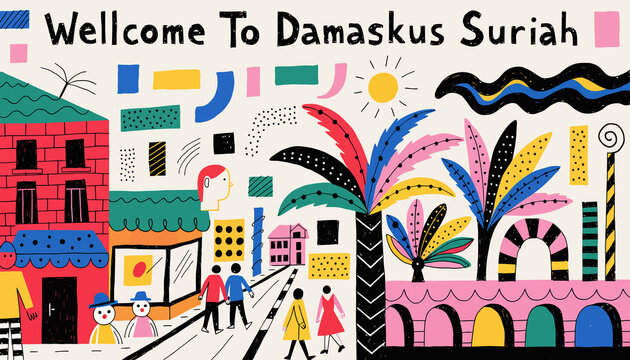 Welcome To Damascus Suriah: Vibrant Geometric Cityscape Illustration with People and Palm Trees