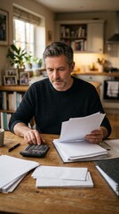 Obraz premium A middle-aged man meticulously works on finances at a wooden table, using a calculator and reviewing documents, embodying a moment of focused financial management in a home setting.