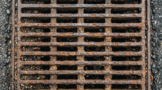 Close-up of rusty metal storm drain grate with debris and asphalt