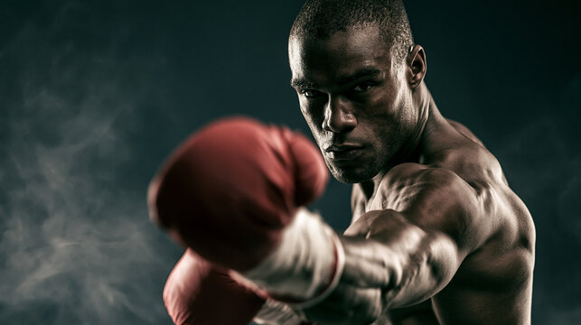 A powerful portrait of a muscular Black boxer in a dark, smoky gym, throwing a forceful punch directly at the camera with red gloves. Intense gaze.