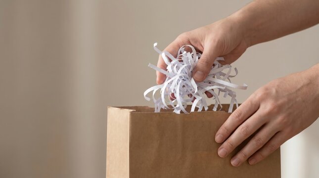 Close-up of hands placing shredded paper into a brown paper bag