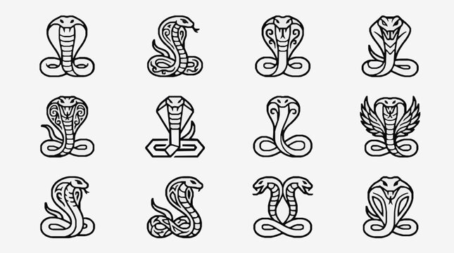 Minimalist Black and White Line Art Collection of Cobras and Uraeus Symbols in Various Stylized Designs