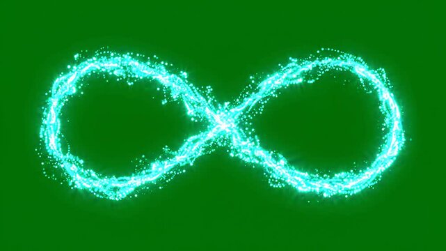 Bright glowing cyan infinity symbol made of sparkling particles floating on a solid green screen background for chroma key video editing and digital motion design projects