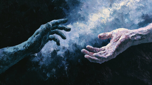 A digital painting depicting two hands reaching towards each other in connection, inspired by the Creation of Adam, set against a moody, textured background.