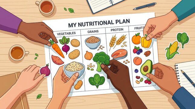 Diverse hands arranging healthy food items on a nutritional plan chart categorizing vegetables grains protein and fruits.
