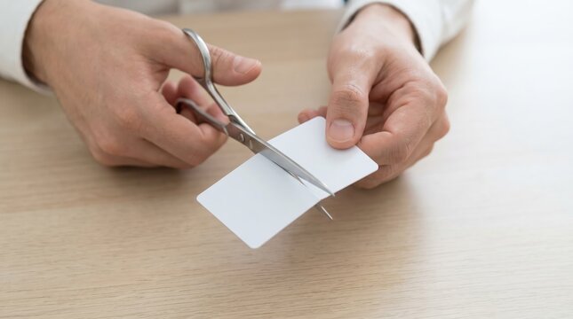 Person using scissors to trim white paper on light wood table