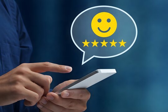 Customer satisfaction. Very satisfied with five-star rating. Man using smartphone for send client feedback.