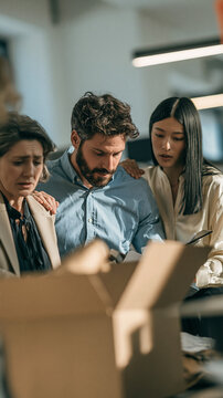 Sad News at Work: Three colleagues, two women and a man, look concerned as they examine the contents of an open cardboard box, conveying a sense of worry and uncertainty in the office setting.