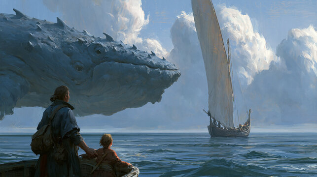 A fantasy digital painting showing a man and child in a small boat, looking up in awe as a giant leviathan-like whale breaches from the cloudy sky.