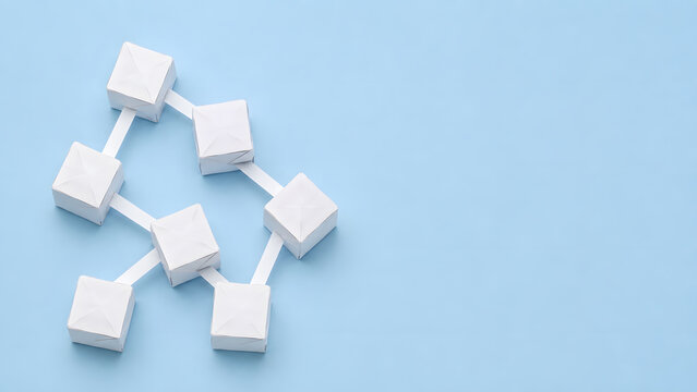 White Origami Paper Connected Nodes on Light Pastel Blue Background for Blockchain Technology and Decentralized Network Concept