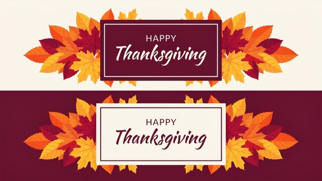 Set of two happy thanksgiving banners with autumn leaves