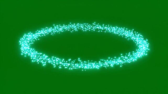 Glowing light particles arranged in a circular ring formation isolated on a solid green background for chroma key compositing in visual effects and motion graphic projects