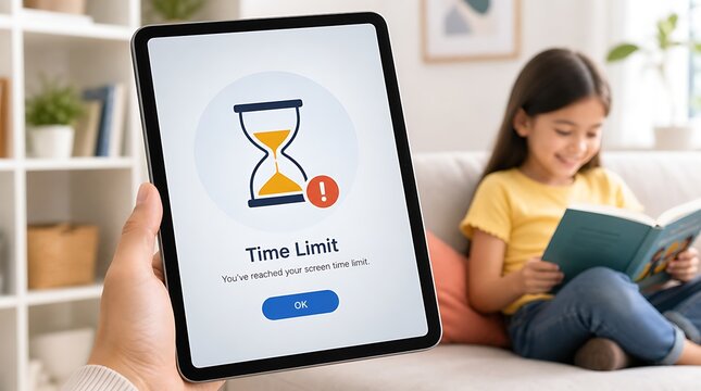 Parent holding a tablet showing screen time limit notification while a child reads a book in the background for digital control concept.
