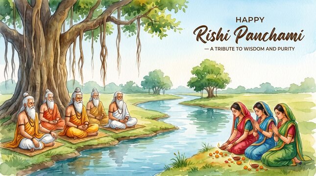Ancient indian sages gather under a banyan tree for a spiritual ceremony with devotees offering prayers