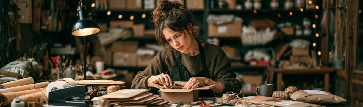 Artisan's Workshop Bliss: A young woman with her hair tied up in a messy bun focuses intently on her craft, surrounded by the cozy clutter of her workshop, preparing gifts with care.