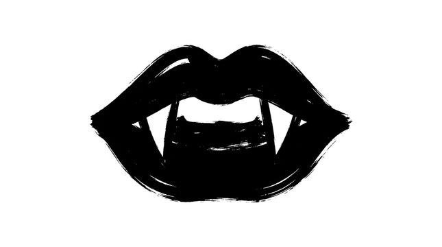 Black and white illustration of vampire lips with sharp fangs for Halloween design