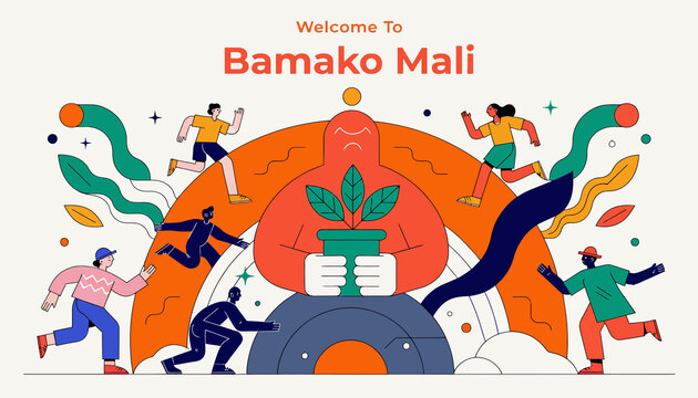 Welcome to Bamako, Mali - Diverse people running, vibrant abstract shapes, symbolizing energy and community.