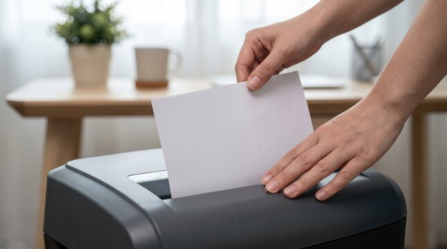 Person shredding paper at desk