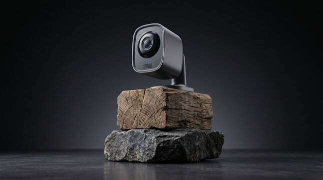 Security camera perched on natural stone and wood objects