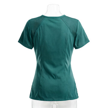 Scrub top healthcare uniform isolated on a transparent background showing the back view of teal medical apparel with mesh details