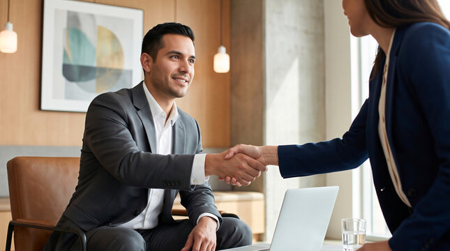 Smiling businessman shaking hands. Corporate agreement, teamwork, partnership, and business success