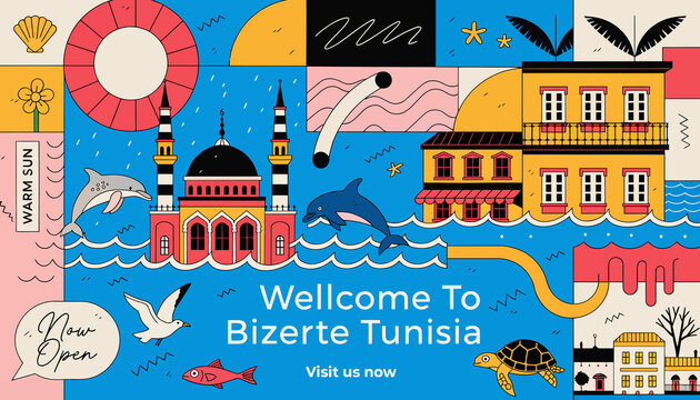 Welcome to Bizerte, Tunisia: Vibrant Coastal Cityscape with Dolphins, Mosque, and Architecture