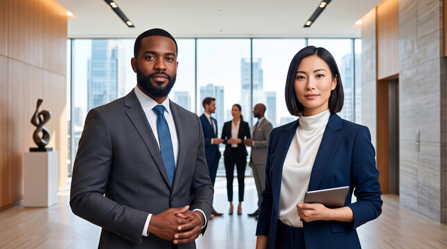 Confident diverse business executives in a modern corporate office lobby. Teamwork, leadership, and professional corporate success concept