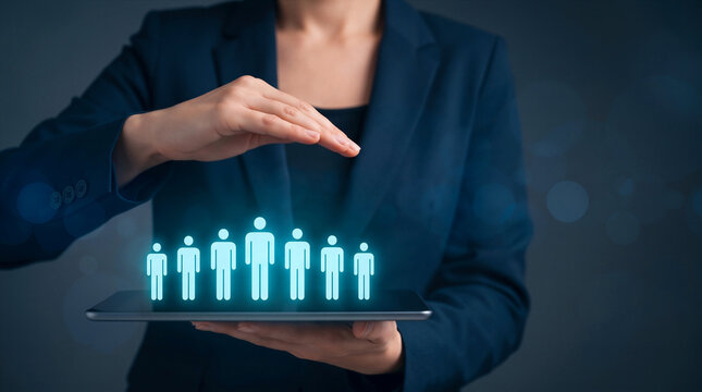 HR manager holding a tablet with glowing people icons, symbolizing recruitment, employee selection, and team leadership