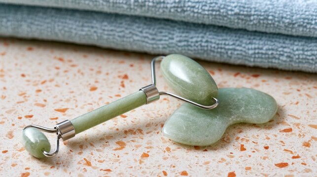A jade facial roller and stone rest on a speckled countertop near folded towels