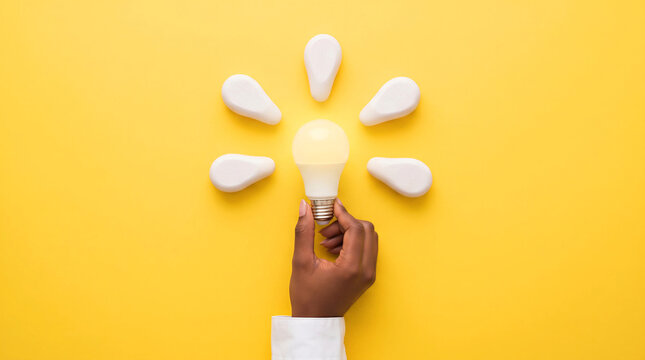 Hand holding a glowing lightbulb among unlit wooden bulbs on a yellow background. Unique ideas and innovation