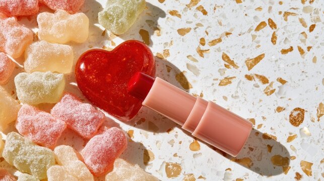 A heart shaped lip product surrounded by colorful gummy candies on a speckled surface