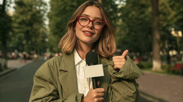 News Reporter with Microphone: A confident female news reporter wearing stylish glasses and an olive green jacket, holding a microphone and giving a thumbs-up, stands outdoors in a park setting.