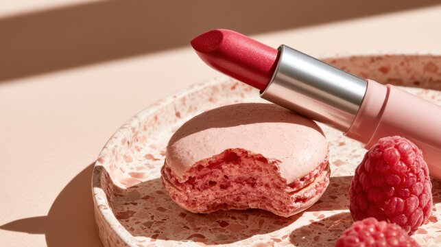 A pink lipstick rests beside a raspberry and a partially eaten aron on a terrazzo plate