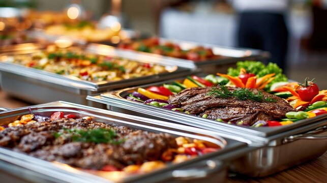 Buffet catering dishes are arranged in warming trays ready to be served.